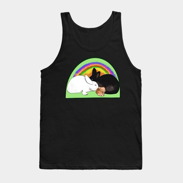 Cute bunny rabbit family, mama, papa and baby, albino, black and ginger bunnies with a rainbow tie die background Tank Top by Artonmytee